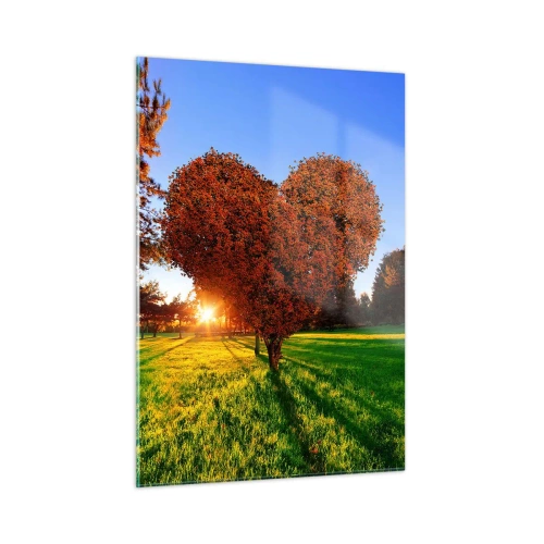 Cuadro sobre vidrio - Impresiones sobre Vidrio - Un árbol en forma de corazón con el sol poniente como telón de fondo. - 50x70cm - Y cómo no amar el otoño - Decoración de pared moderna para salón y dormitorio ARTTOR