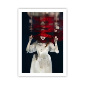 Póster - Una mujer con un sombrero rojo está sumergida bajo el agua. - 50x70cm - Blanco y rojo - Decoración de pared moderna para salón y dormitorio ARTTOR