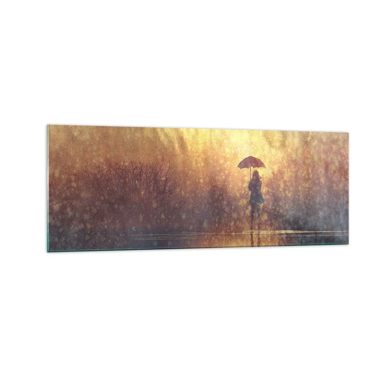Cuadro sobre vidrio - Impresiones sobre Vidrio - Una figura con un paraguas en un paisaje brumoso lleno de reflejos. - 140x50cm - Siento que alguien me mira - Decoración de pared moderna para salón y dormitorio ARTTOR
