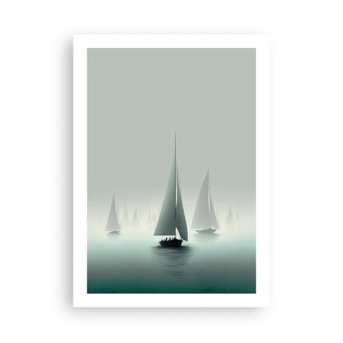 Póster - Un grupo de veleros navegando en un mar brumoso, rodeado de aguas tranquilas. - 50x70cm - Día de niebla en alta mar - Decoración de pared moderna para salón y dormitorio ARTTOR