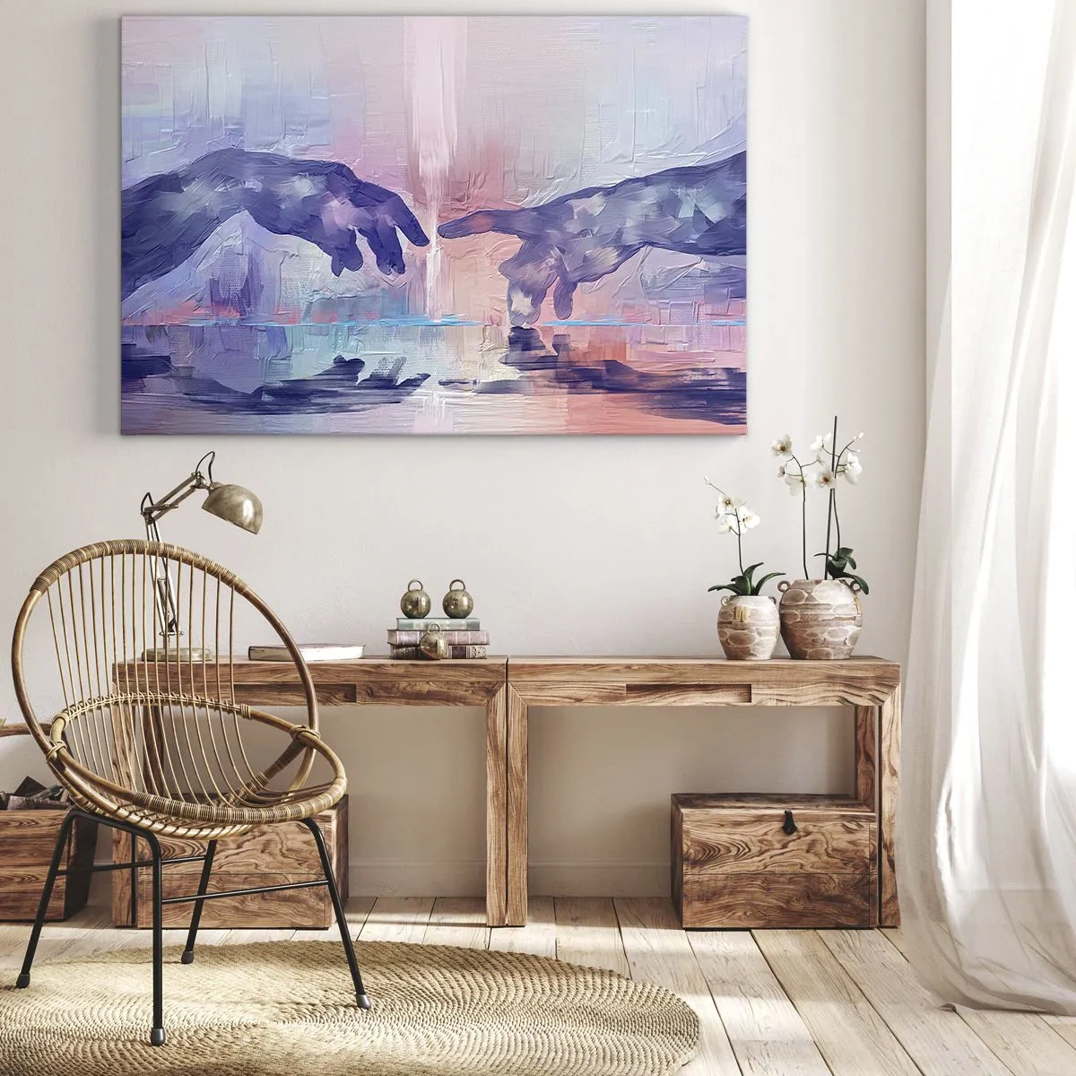 Cuadro sobre lienzo - Impresión de Imagen - Manos simbólicas en colores abstractos, haciendo referencia al tema de la creación. - 120x80cm - Chispa divina de vida - Decoración de pared moderna para salón y dormitorio ARTTOR
