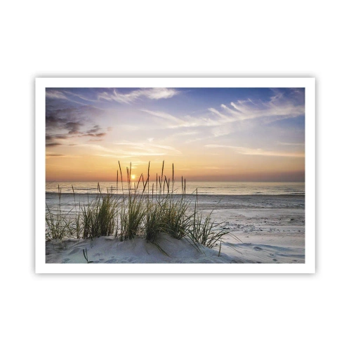 Póster - Una playa de arena al atardecer con césped al fondo. - 100x70cm - Mira, piensa, siente - Decoración de pared moderna para salón y dormitorio ARTTOR
