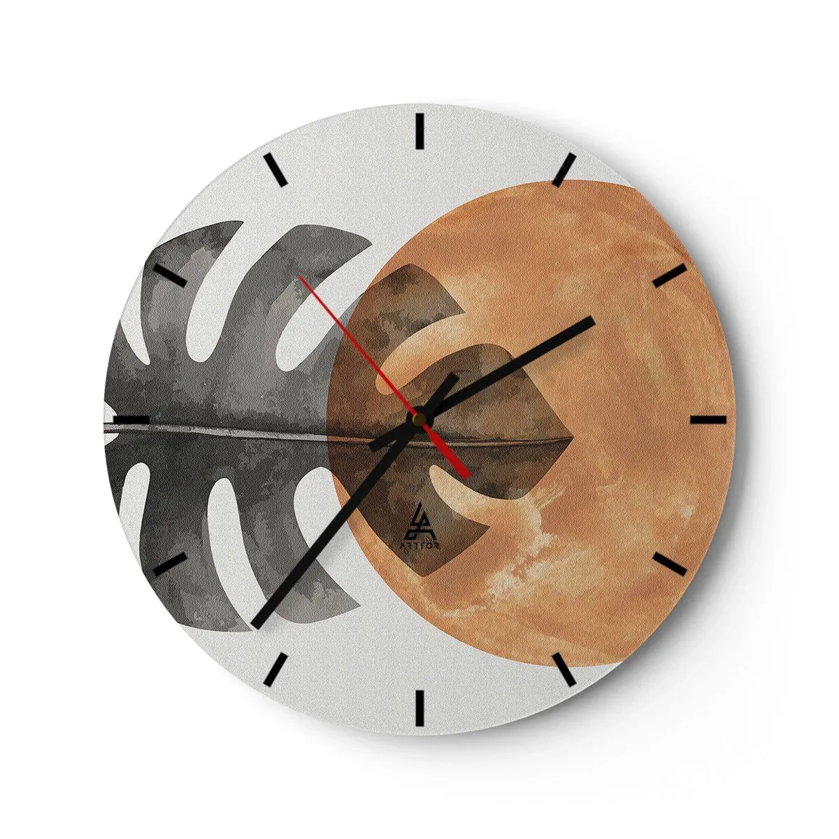 Reloj de pared - Reloj de vidrio - Una hoja de monstera contra un gran círculo naranja como el sol. - 30x30cm - Siempre el sol - Decoración de pared moderna para salón, cocina y dormitorio ARTTOR