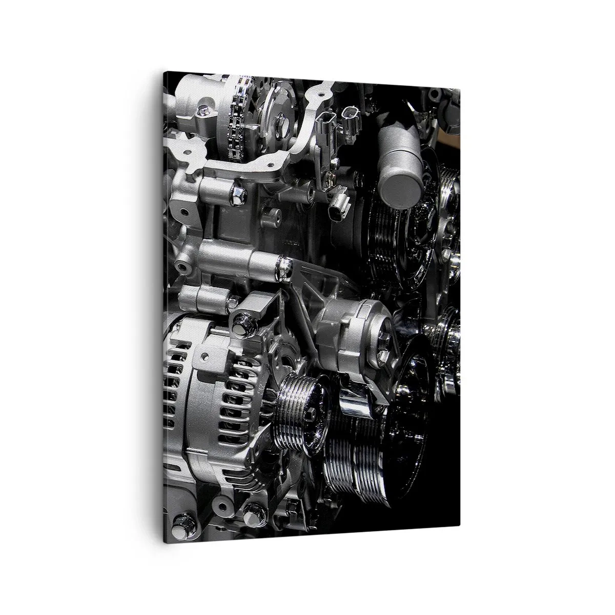 Cuadro sobre lienzo - Impresión de Imagen - Primer plano de piezas metálicas del motor sobre un fondo negro - 50x70cm - Acero, hermoso, fuerte - Decoración de pared moderna para salón y dormitorio ARTTOR