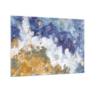 Cuadro sobre vidrio - Impresiones sobre Vidrio - Trazos de pintura abstracta en azul, blanco y dorado. - 100x70cm - Danza de los elementos - Decoración de pared moderna para salón y dormitorio ARTTOR