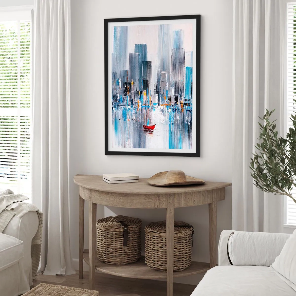 Póster en marco negro - Una pintura abstracta que representa el horizonte de una ciudad sobre el agua con un barco rojo. - 50x70cm - Metrópolis junto a la bahía - Decoración de pared moderna para salón y dormitorio ARTTOR