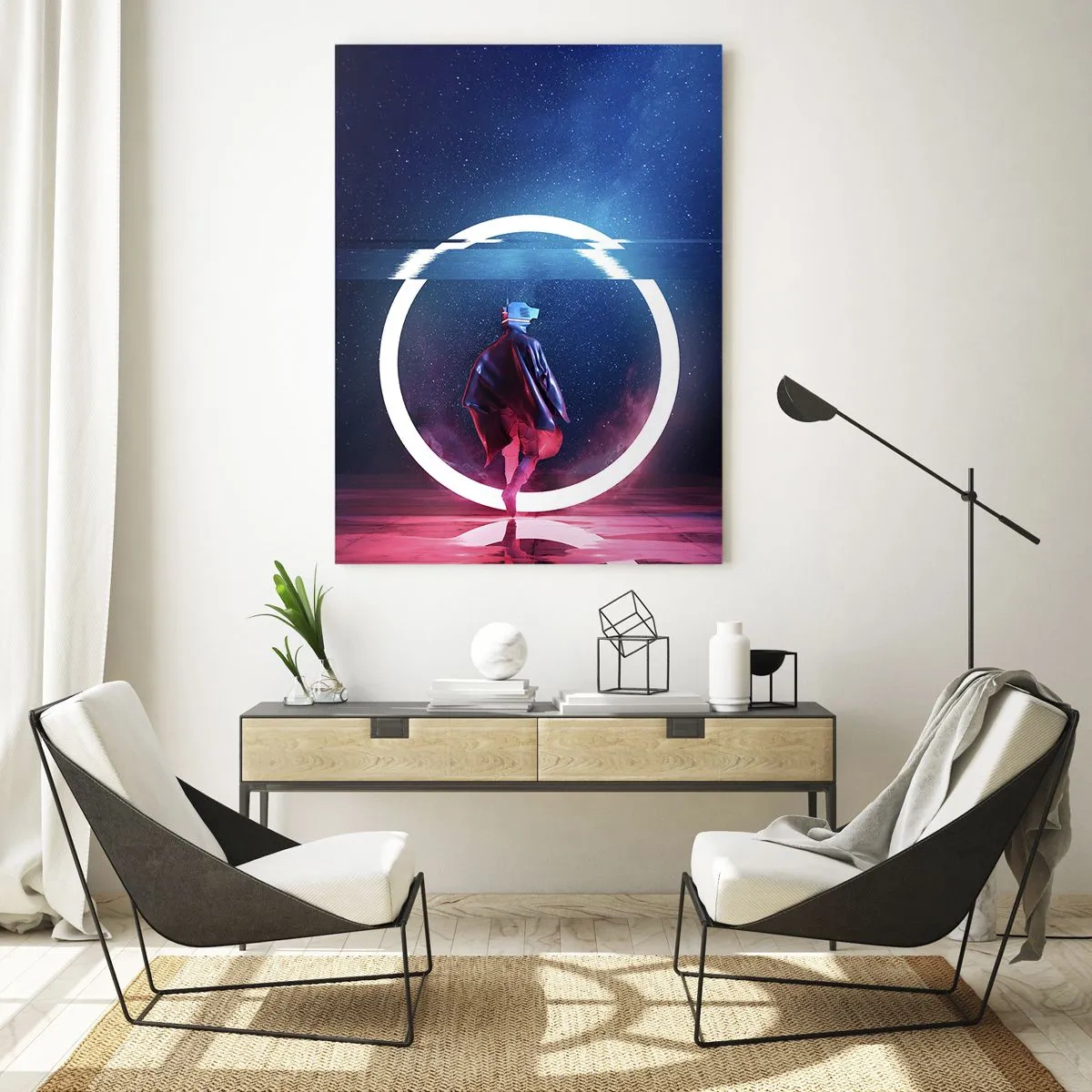 Cuadro sobre vidrio - Impresiones sobre Vidrio - Una figura en un entorno futurista con un anillo de neón. - 50x70cm - Entre mundos - Decoración de pared moderna para salón y dormitorio ARTTOR