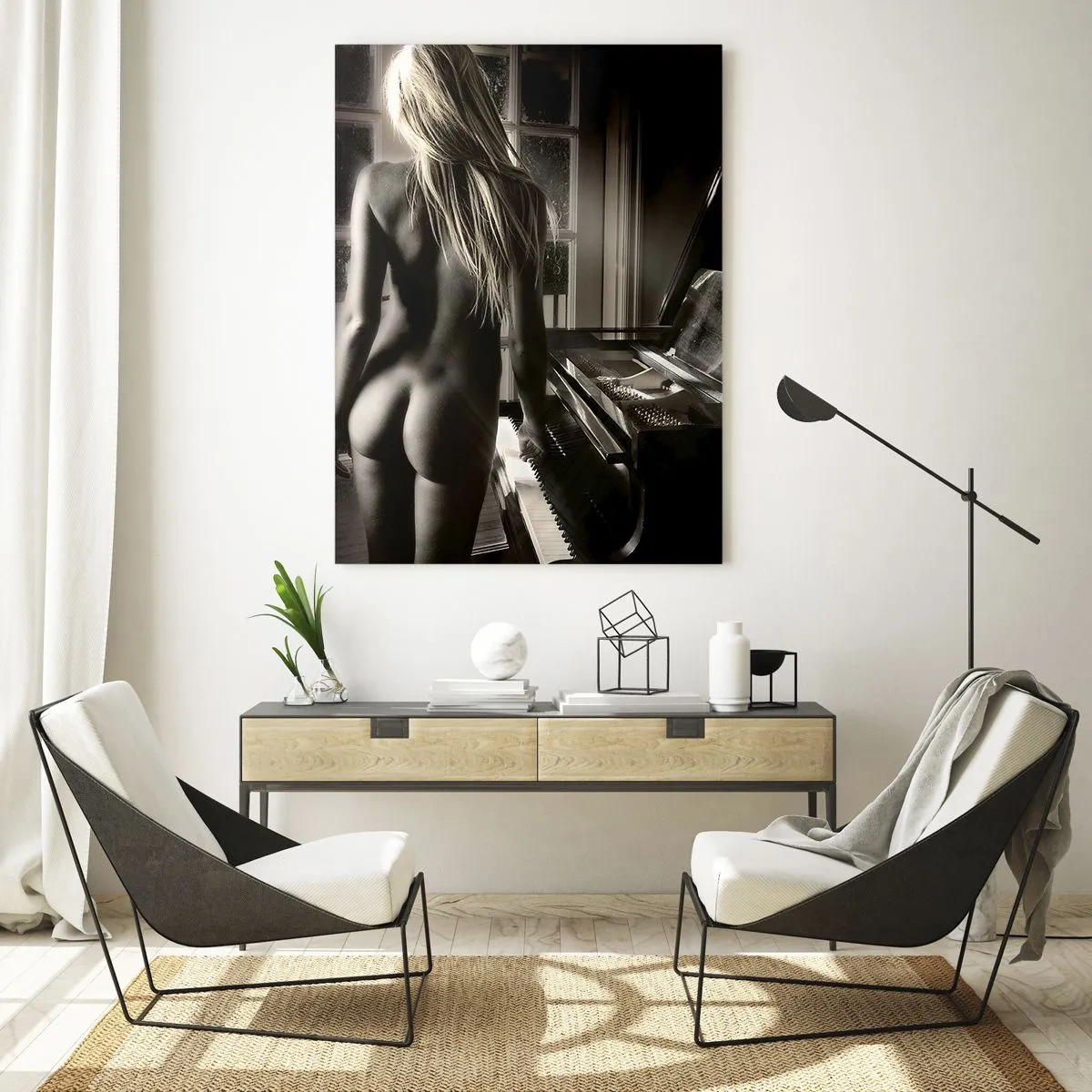 Cuadro sobre vidrio - Impresiones sobre Vidrio - Una mujer al piano bajo una iluminación sepia. - 50x70cm - Perfecta armonía de la noche - Decoración de pared moderna para salón y dormitorio ARTTOR
