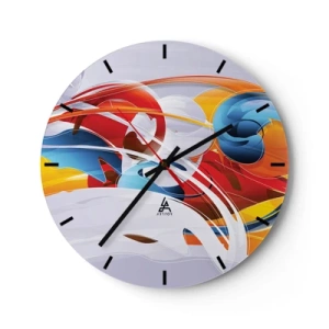 Reloj de pared - Reloj de vidrio - Formas abstractas en colores dinámicos rojo, azul y amarillo. - 30x30cm - Danza de los elementos - Decoración de pared moderna para salón, cocina y dormitorio ARTTOR