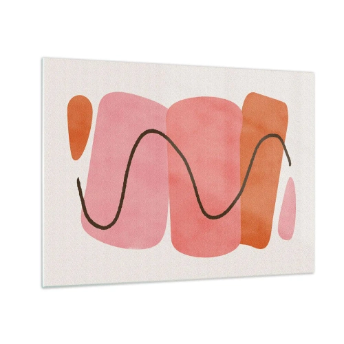 Cuadro sobre vidrio - Impresiones sobre Vidrio - Formas abstractas en rosa y naranja con una línea negra. - 70x50cm - Suave movimiento de formas - Decoración de pared moderna para salón y dormitorio ARTTOR