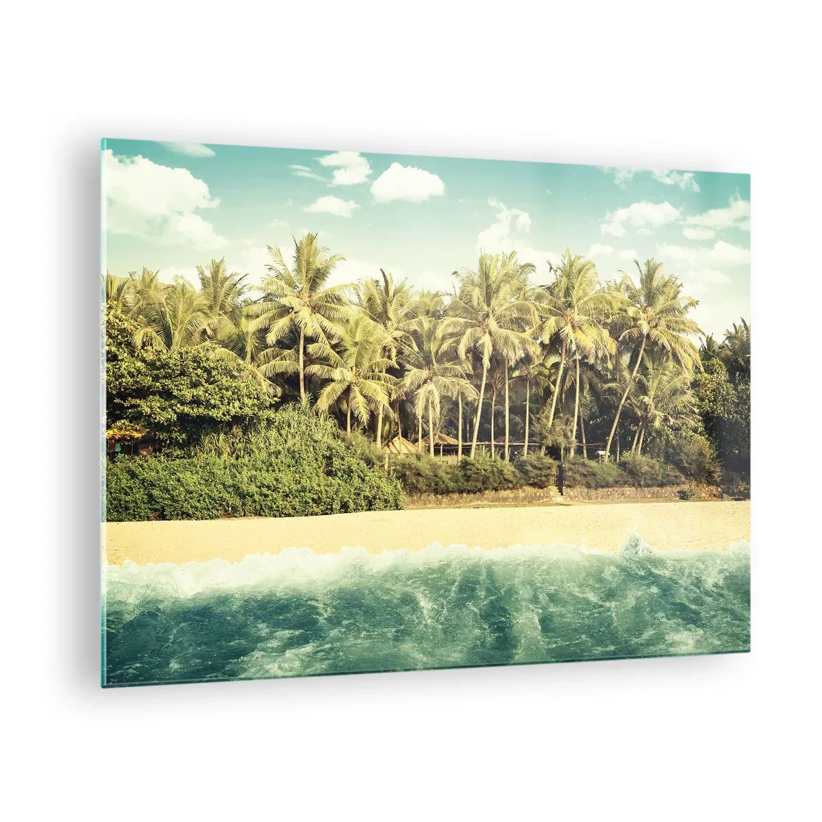 Cuadro sobre vidrio - Impresiones sobre Vidrio - Una playa exótica con palmeras y un mar turquesa en un día soleado. - 70x50cm - ¿Qué tal aquí? - Decoración de pared moderna para salón y dormitorio ARTTOR