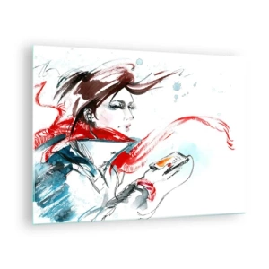 Cuadro sobre vidrio - Impresiones sobre Vidrio - Una mujer con un pañuelo rojo con detalles dinámicos y esquemáticos. - 70x50cm - Algo suena dentro de mí - Decoración de pared moderna para salón y dormitorio ARTTOR