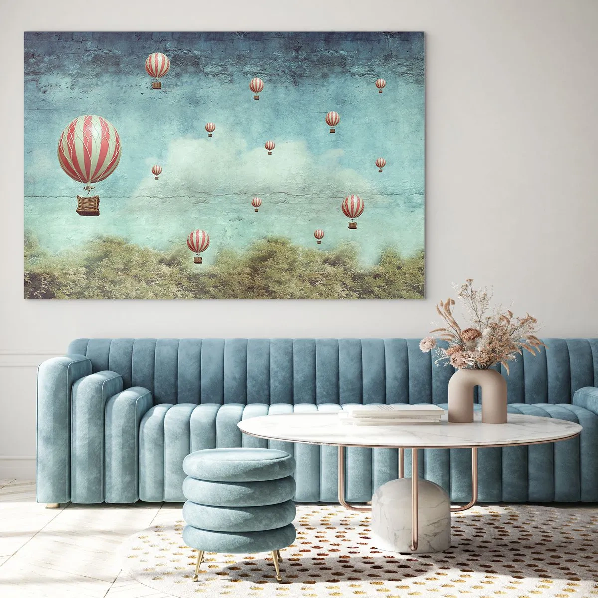 Cuadro sobre vidrio - Impresiones sobre Vidrio - Globos flotando sobre un paisaje verde. - 120x80cm - Libre del ajetreo de la vida - Decoración de pared moderna para salón y dormitorio ARTTOR