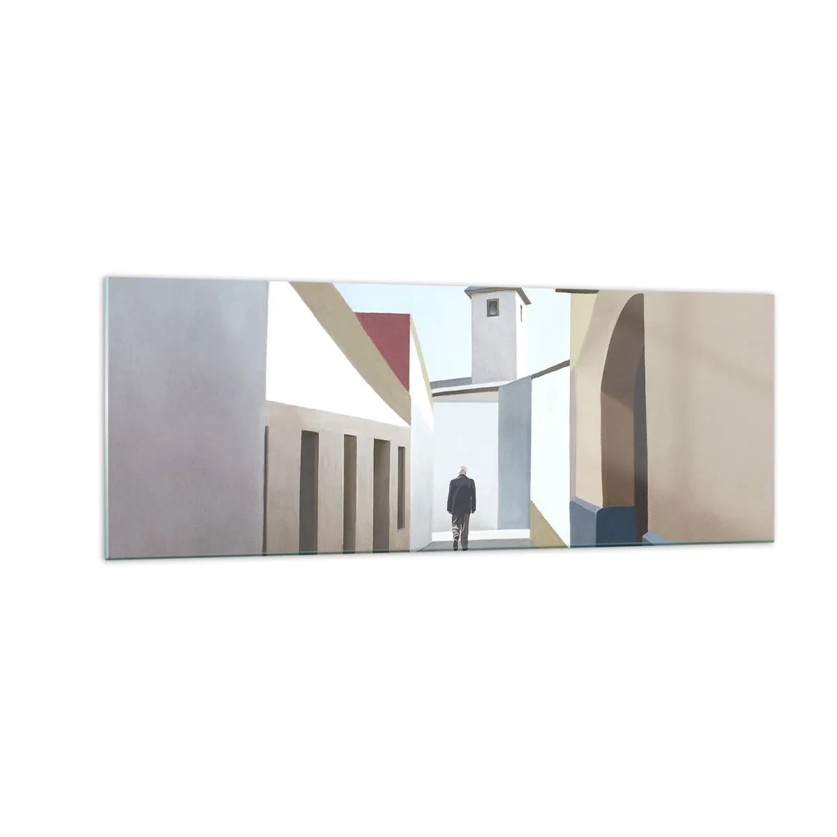 Cuadro sobre vidrio - Impresiones sobre Vidrio - Una calle minimalista con la silueta de un hombre al fondo. - 140x50cm - Paseo soleado - Decoración de pared moderna para salón y dormitorio ARTTOR