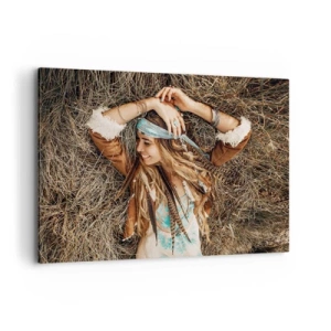 Cuadro sobre lienzo - Impresión de Imagen - Mujer de estilo boho tumbada sobre el heno - 120x80cm - El verano del amor - Decoración de pared moderna para salón y dormitorio ARTTOR