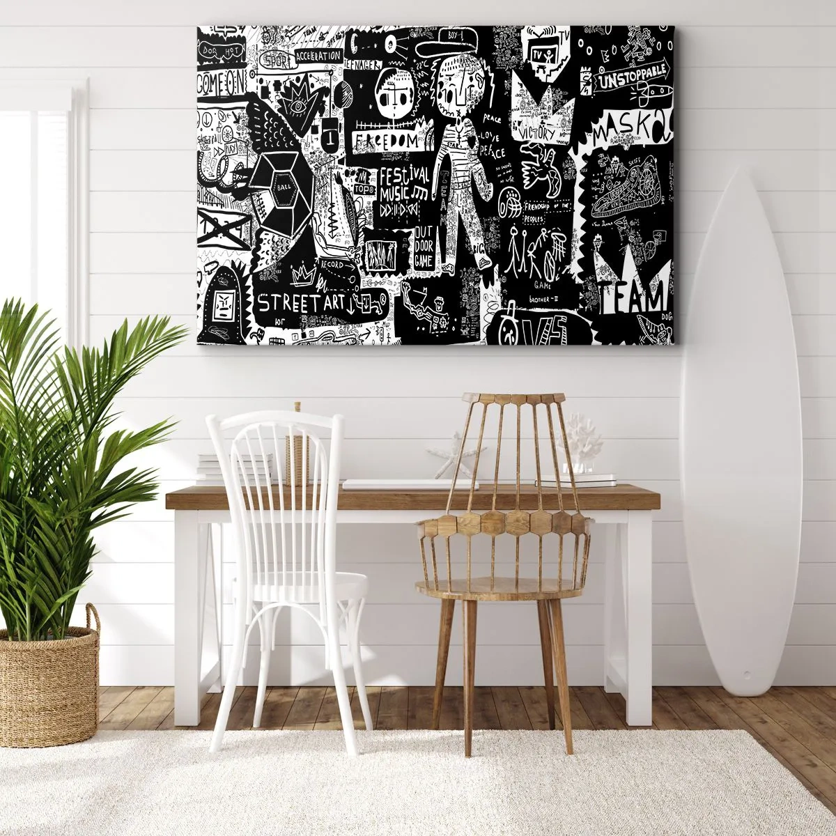 Cuadro sobre lienzo - Impresión de Imagen - Collage en blanco y negro inspirado en el arte callejero - 70x50cm - La juventud espiritual de la ley y la alegría - Decoración de pared moderna para salón y dormitorio ARTTOR