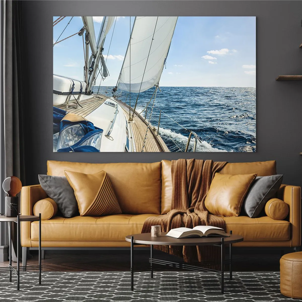 Cuadro sobre vidrio - Impresiones sobre Vidrio - Un yate en mar abierto con sus velas desplegadas - 70x50cm - Ahoy, a la aventura - Decoración de pared moderna para salón y dormitorio ARTTOR