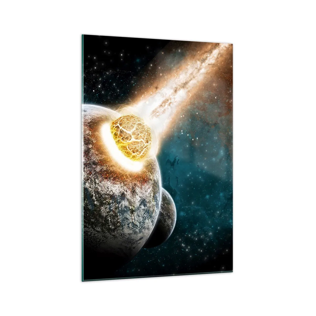 Cuadro sobre vidrio - Impresiones sobre Vidrio - Colisión cósmica de un planeta con un asteroide en las proximidades de la galaxia. - 70x100cm - ¿Condena o nacimiento? - Decoración de pared moderna para salón y dormitorio ARTTOR