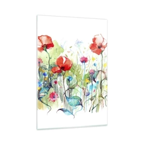 Cuadro sobre vidrio - Impresiones sobre Vidrio - Un prado con amapolas rojas y flores de colores en acuarela. - 80x120cm - Un prado en flor en mayo - Decoración de pared moderna para salón y dormitorio ARTTOR