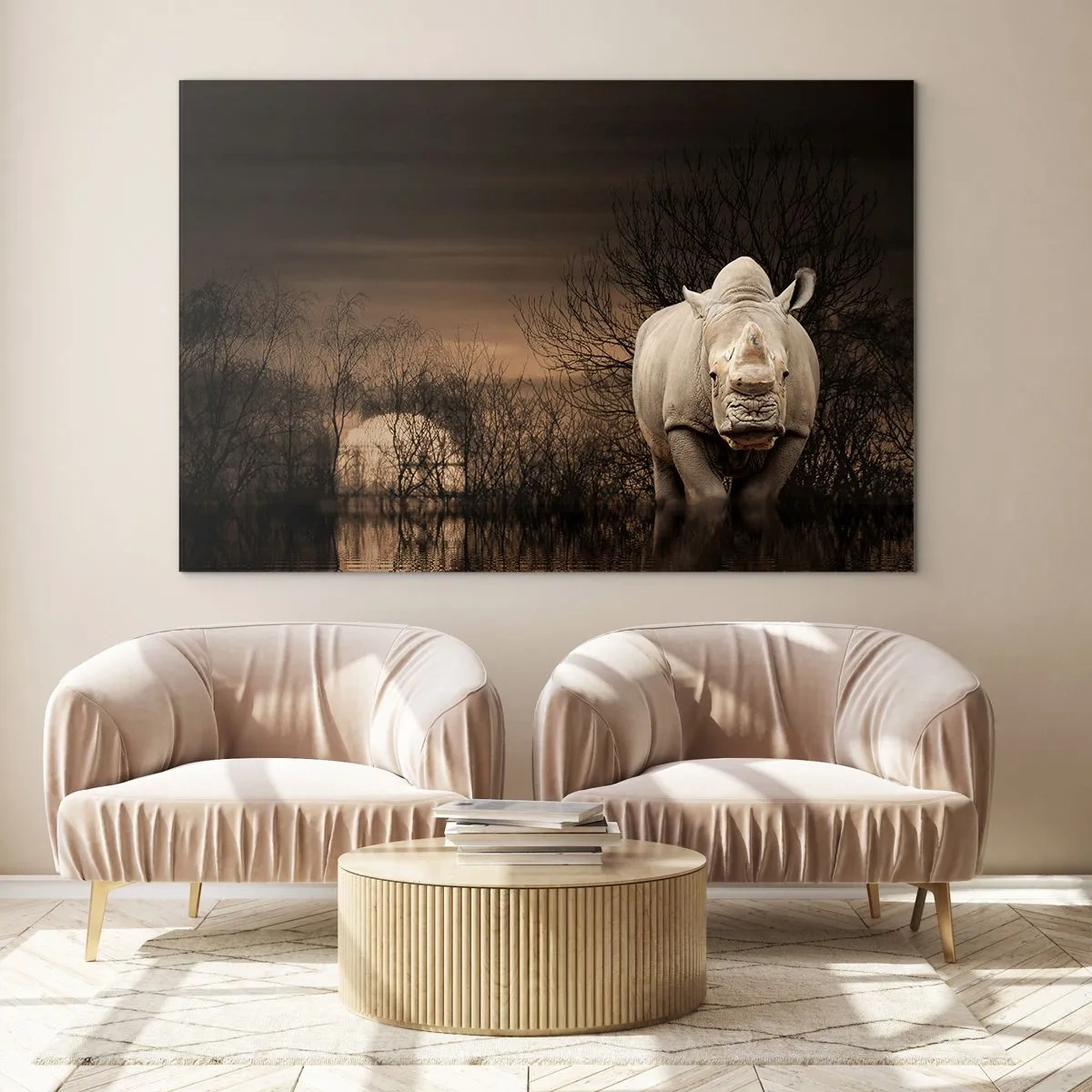 Cuadro sobre vidrio - Impresiones sobre Vidrio - Rinoceronte contra el sol poniente - 70x50cm - El blanco contra la naturaleza - Decoración de pared moderna para salón y dormitorio ARTTOR