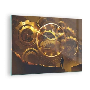 Cuadro sobre vidrio - Impresiones sobre Vidrio - Engranajes steampunk dorados con retroiluminación sobre una silueta humana - 70x50cm - En la fuente del tiempo - Decoración de pared moderna para salón y dormitorio ARTTOR