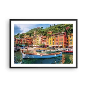 Póster en marco negro - Casas y barcos coloridos en una ciudad costera italiana - 70x50cm - Mañanas italianas - Decoración de pared moderna para salón y dormitorio ARTTOR