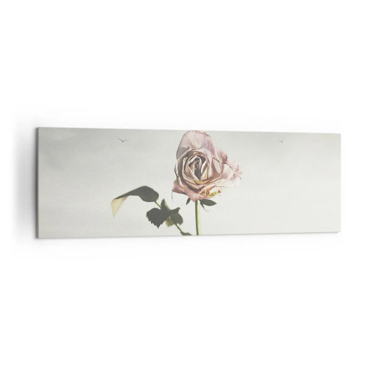 Cuadro sobre lienzo - Impresión de Imagen - Una delicada rosa contra un cielo brillante con pájaros volando. - 160x50cm - Bienvenida a la primavera - Decoración de pared moderna para salón y dormitorio ARTTOR