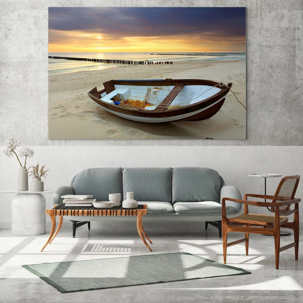 Cuadro sobre vidrio - Impresiones sobre Vidrio - Un barco en una playa de arena al amanecer. - 120x80cm - No hay playas más bonitas - Decoración de pared moderna para salón y dormitorio ARTTOR