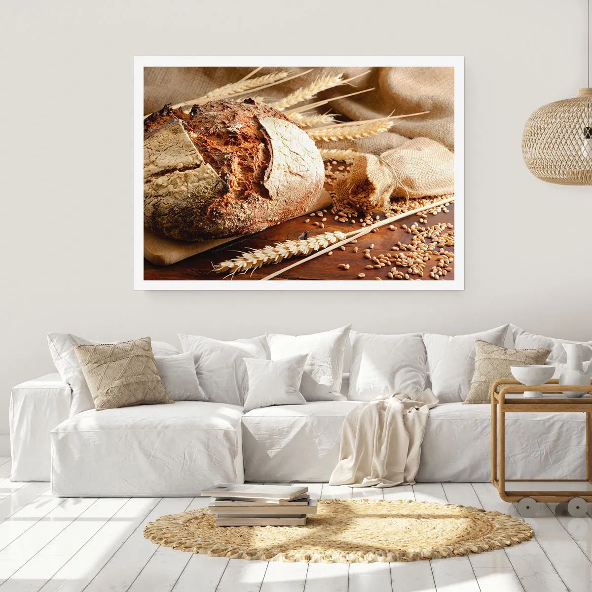 Póster - Pan crujiente con cereales y espigas de trigo sobre un fondo de madera - 100x70cm - Apetitoso, fragante, crujiente - Decoración de pared moderna para salón y dormitorio ARTTOR