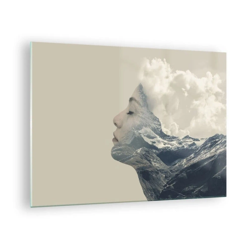 Cuadro sobre vidrio - Impresiones sobre Vidrio - Perfil de mujer con un paisaje de montañas y nubes al fondo. - 70x50cm - La belleza de los elementos - Decoración de pared moderna para salón y dormitorio ARTTOR