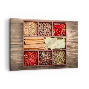 Cuadro sobre lienzo - Impresión de Imagen - Caja de madera con varias especias en compartimentos. - 100x70cm - Orden de formas, composición de aromas - Decoración de pared moderna para salón y dormitorio ARTTOR