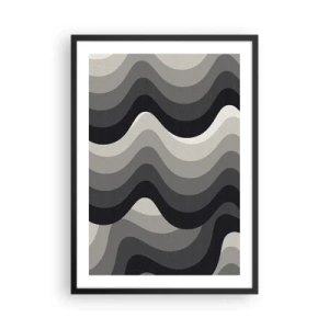 Póster en marco negro - Ondas geométricas en tonos negros y grises - 50x70cm - Ola tras ola - Decoración de pared moderna para salón y dormitorio ARTTOR