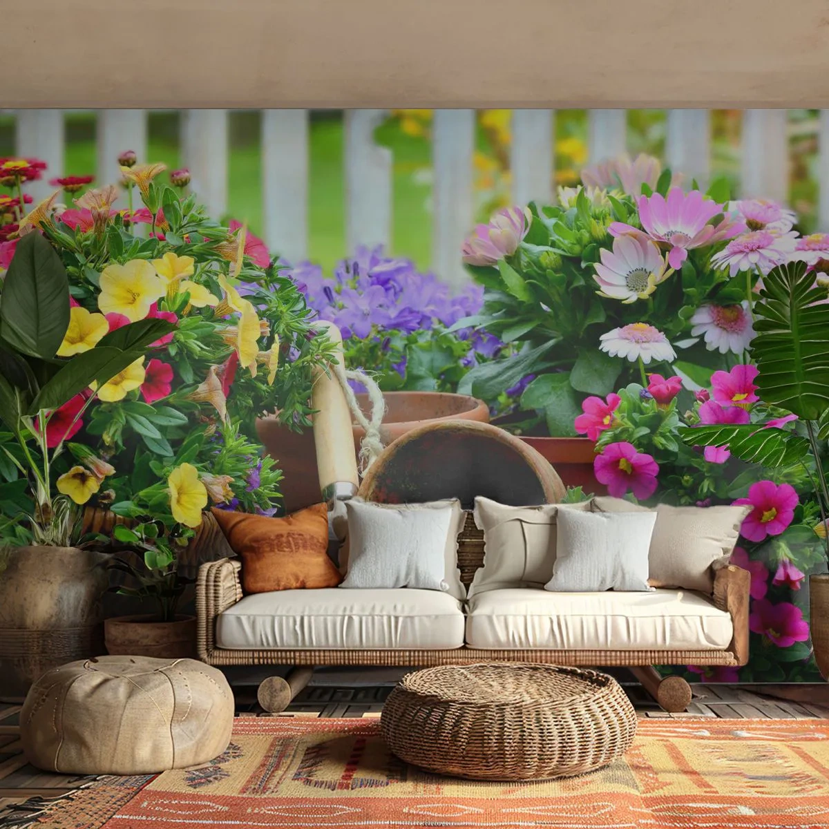 Fotomural Standard Eco - Flores coloridas en el jardín con herramientas de cuidado. - 100x70cm - El jardín de Sofía - Decoración de pared moderna para salón y dormitorio ARTTOR
