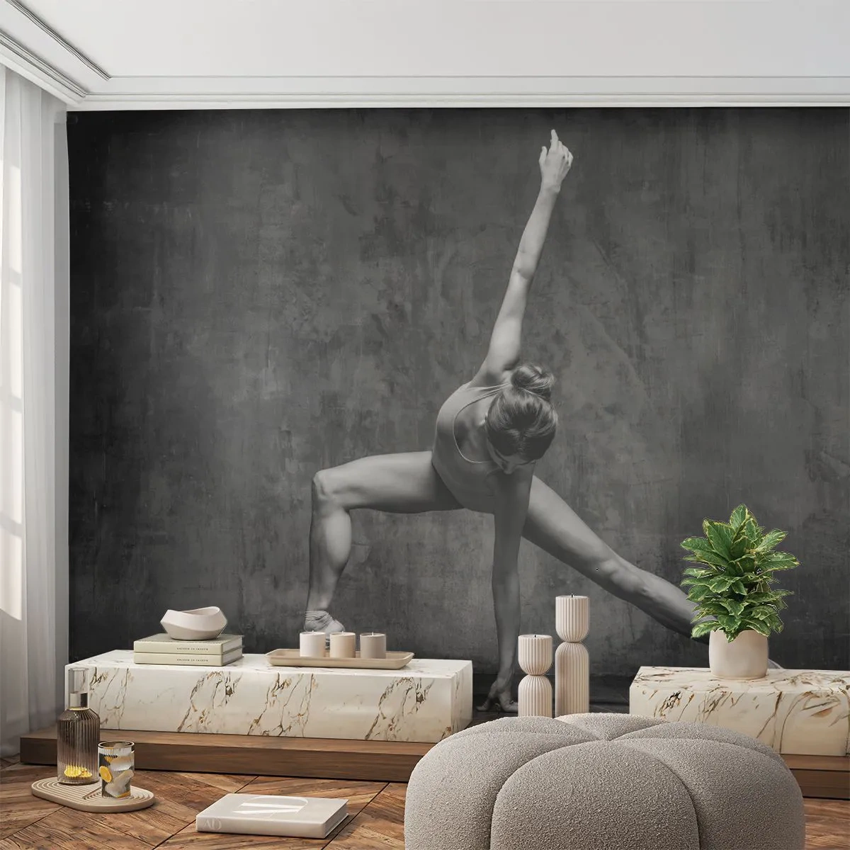 Fotomural Premium Sand - Fotografía en blanco y negro de una bailarina. - 100x70cm - Equilibrio perfecto - Decoración de pared moderna para salón y dormitorio ARTTOR