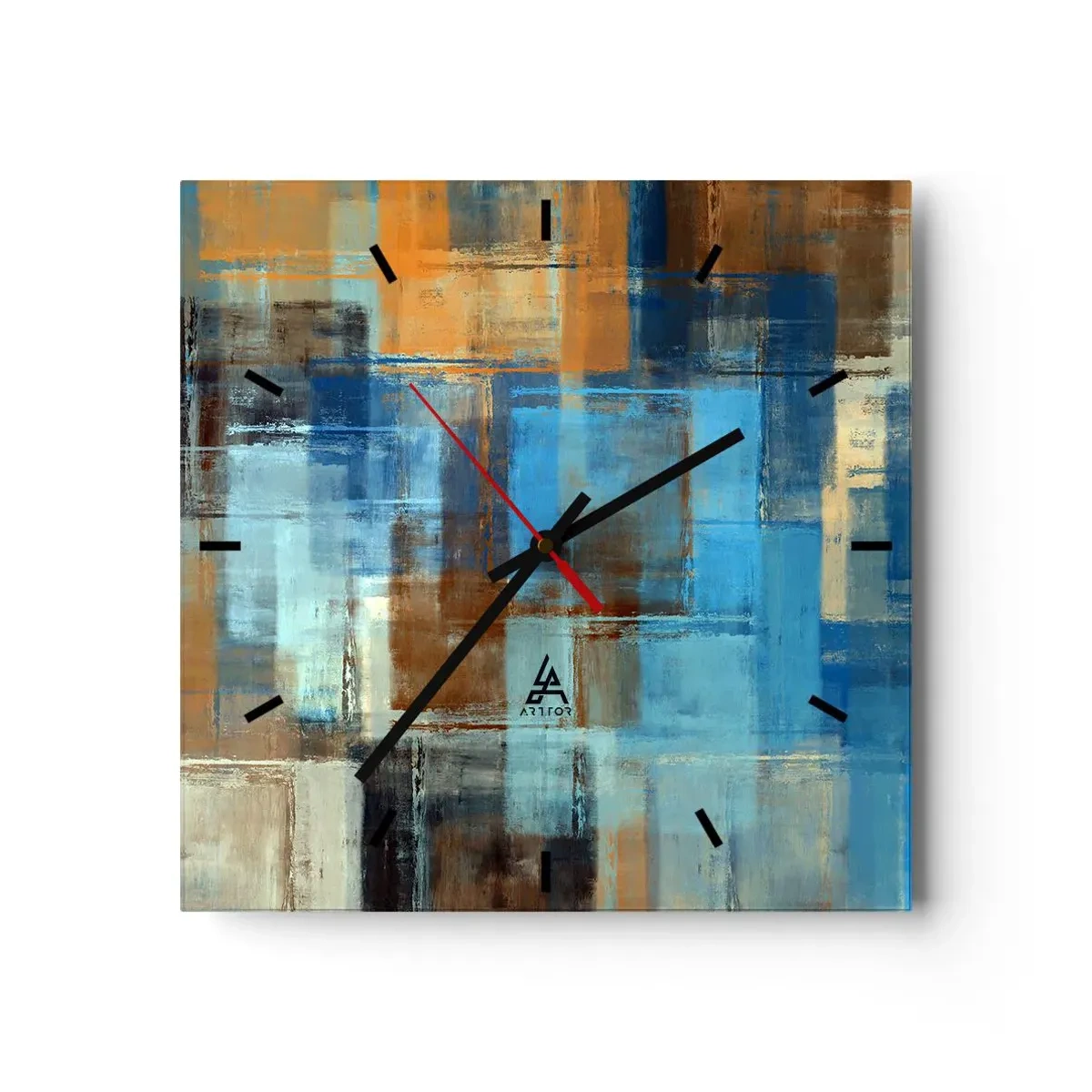 Reloj de pared - Reloj de vidrio - Composición geométrica abstracta en tonos azules y marrones. - 30x30cm - A través del velo azul - Decoración de pared moderna para salón y dormitorio ARTTOR