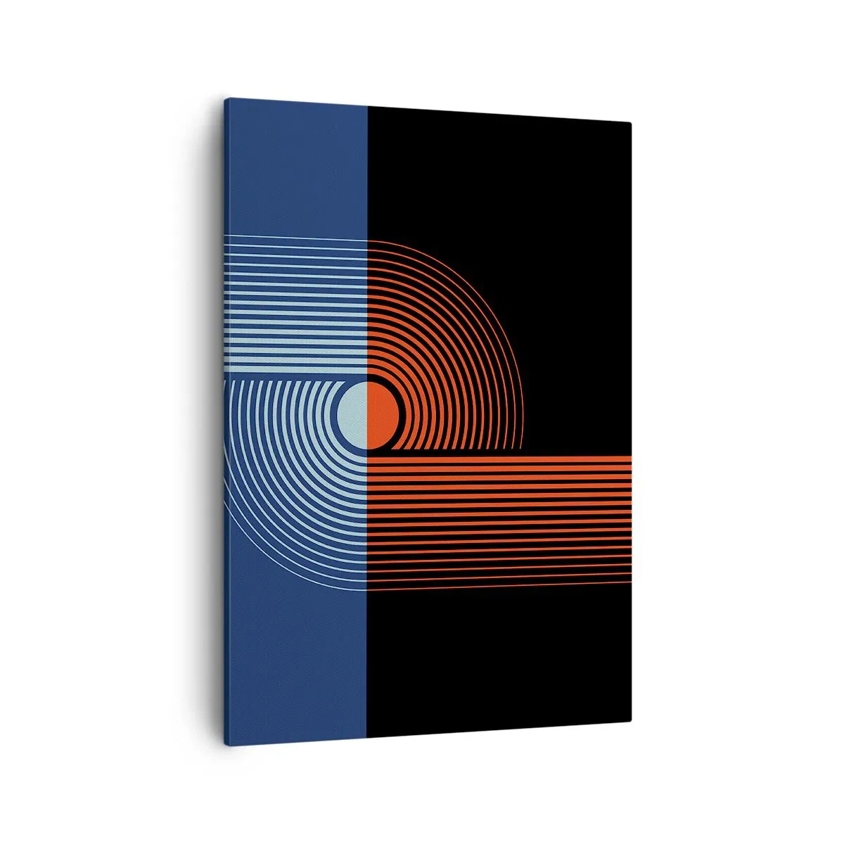 Cuadro sobre lienzo - Impresión de Imagen - Abstracción geométrica con líneas en azul marino y naranja. - 50x70cm - En un abrazo geométrico - Decoración de pared moderna para salón y dormitorio ARTTOR