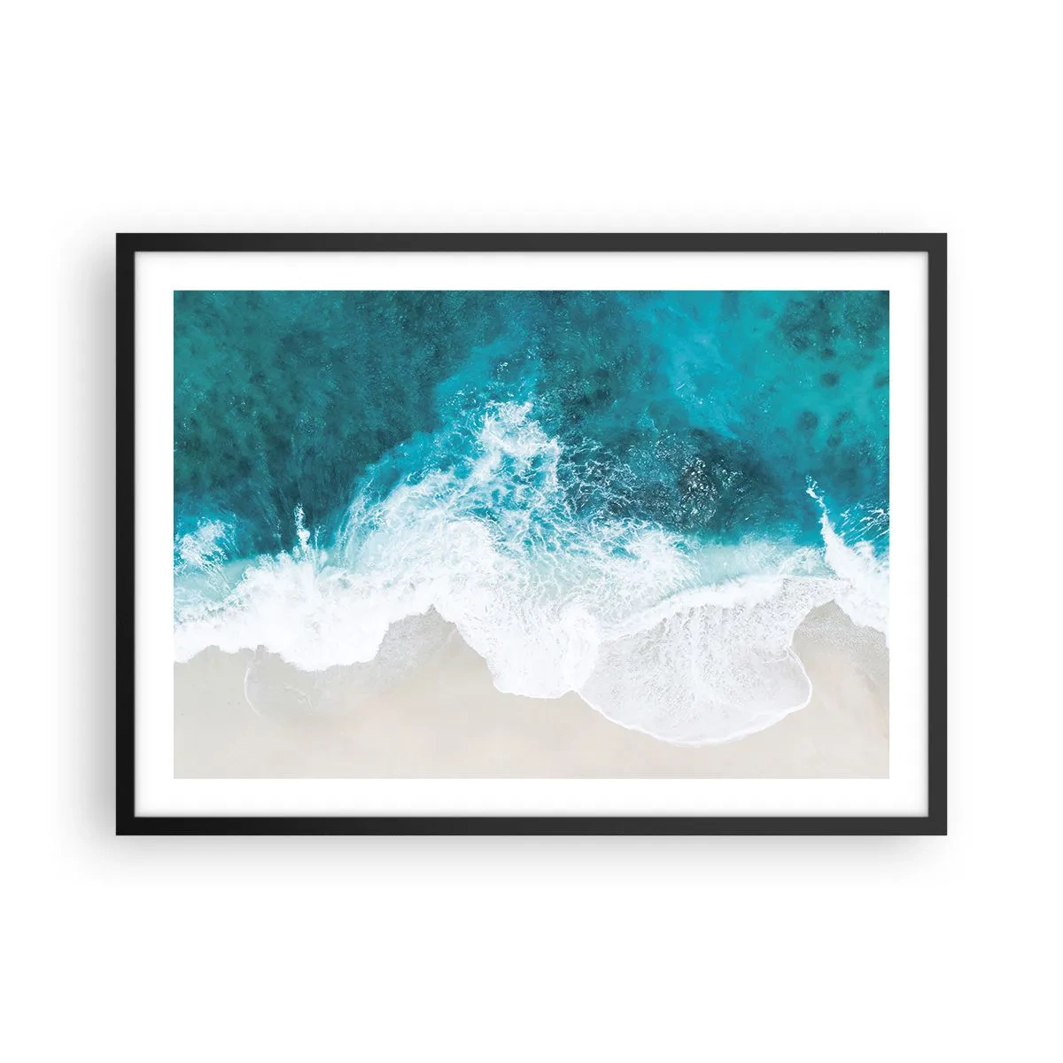 Póster en marco negro - Olas del océano turquesa sobre arena clara - 70x50cm - Una caricia natural - Decoración de pared moderna para salón y dormitorio ARTTOR