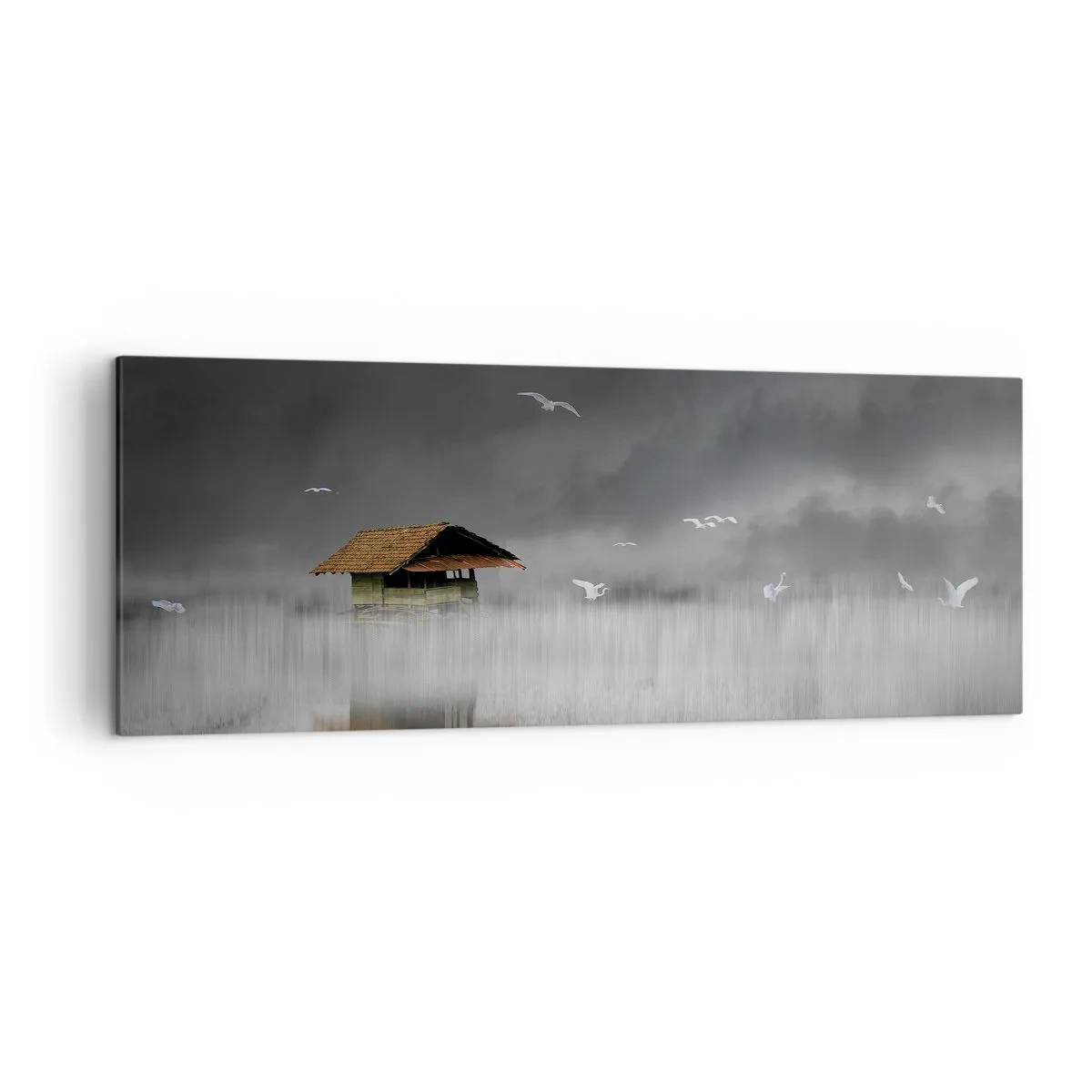 Cuadro sobre lienzo - Impresión de Imagen - Una cabaña solitaria sobre el agua rodeada de niebla y pájaros. - 140x50cm - Resguardo de la lluvia - Decoración de pared moderna para salón y dormitorio ARTTOR