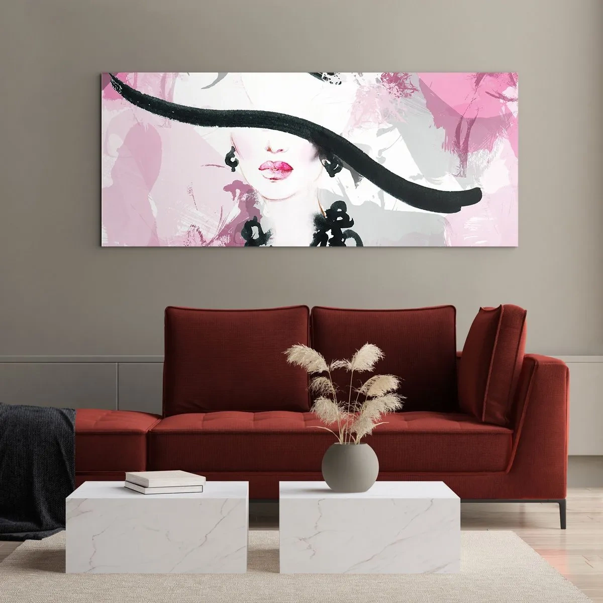Cuadro sobre vidrio - Impresiones sobre Vidrio - Retrato de una dama en negro y rosa - 100x40 cm