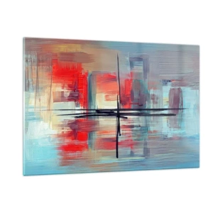 Cuadro sobre vidrio - Impresiones sobre Vidrio - Una abstracción colorida con rojo y azul, inspirada en un paisaje. - 120x80cm - Paisaje en una dimensión desconocida - Decoración de pared moderna para salón y dormitorio ARTTOR