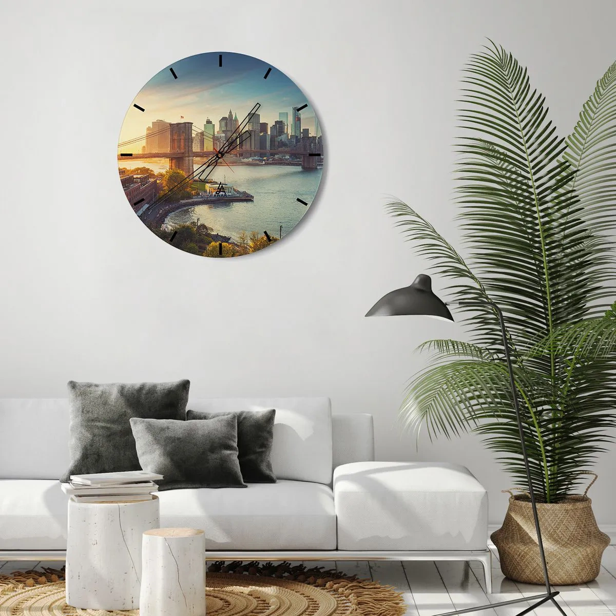 Reloj de pared - Reloj de vidrio - Vista del puente de Brooklyn y el horizonte de la ciudad al atardecer - 30x30cm - El amanecer de la gran ciudad - Decoración de pared moderna para salón, cocina y dormitorio ARTTOR