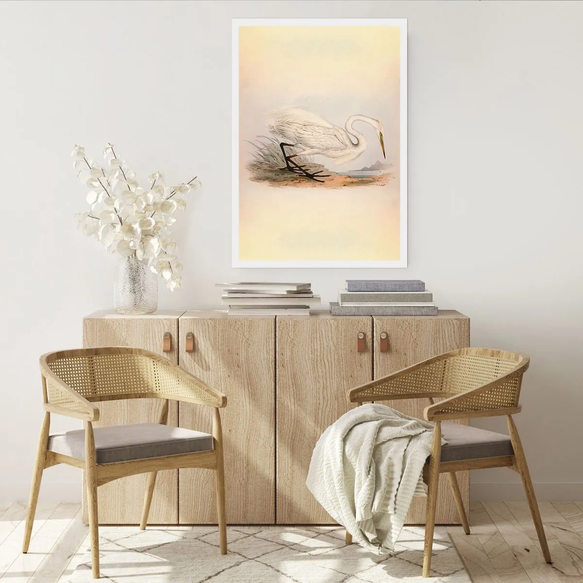 Póster - Ilustración de una garza sobre un fondo de paisaje pastel - 50x70cm - Dama de los juncos - Decoración de pared moderna para salón y dormitorio ARTTOR