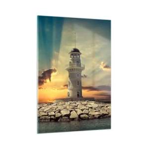 Cuadro sobre vidrio - Impresiones sobre Vidrio - Un faro con el sol poniente como telón de fondo - 50x70cm - Luz - Bondad - Belleza - Decoración de pared moderna para salón y dormitorio ARTTOR