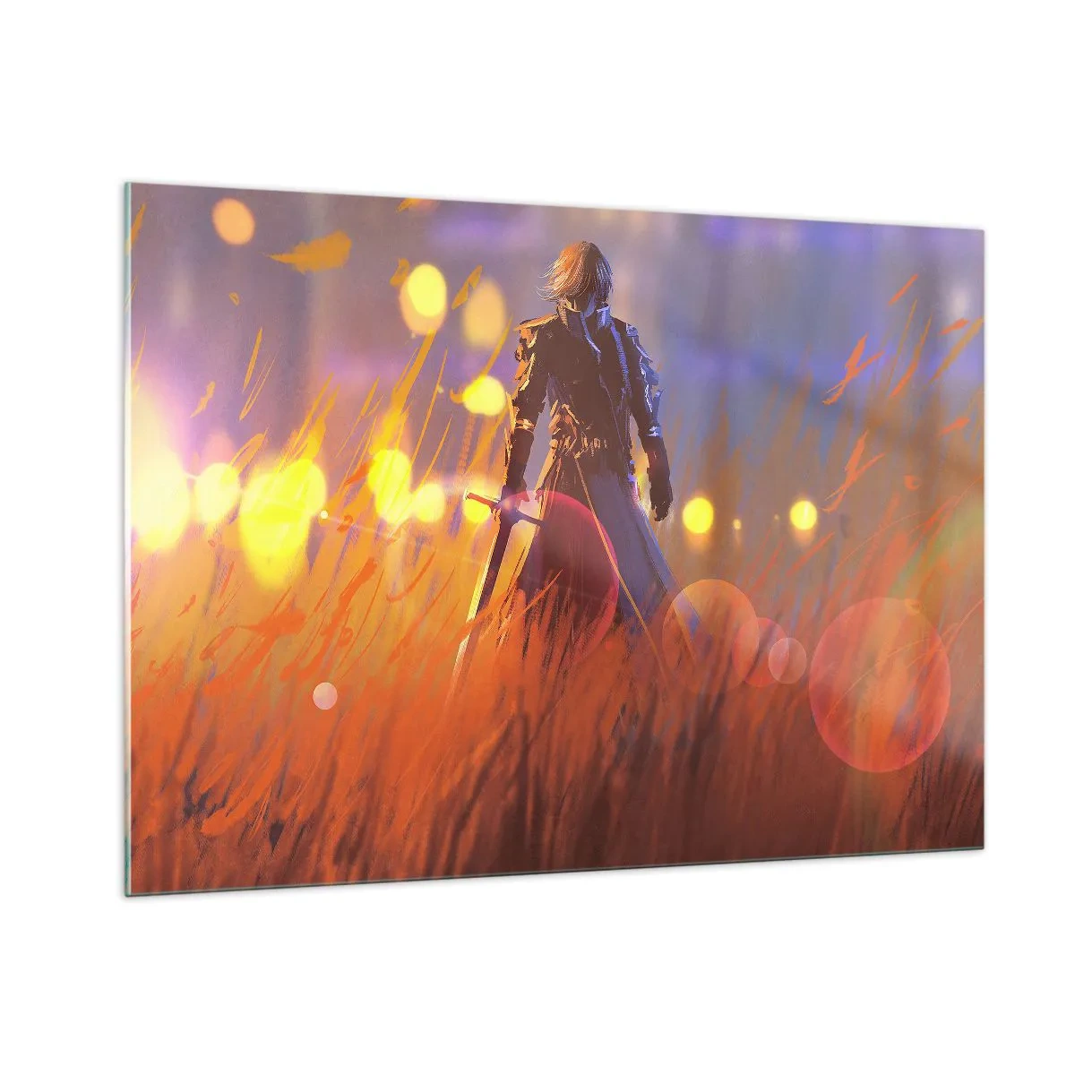 Cuadro sobre vidrio - Impresiones sobre Vidrio - Una figura con armadura entre hierba naranja con un fondo luminoso. - 100x70cm - El caballero equivocado - Decoración de pared moderna para salón y dormitorio ARTTOR