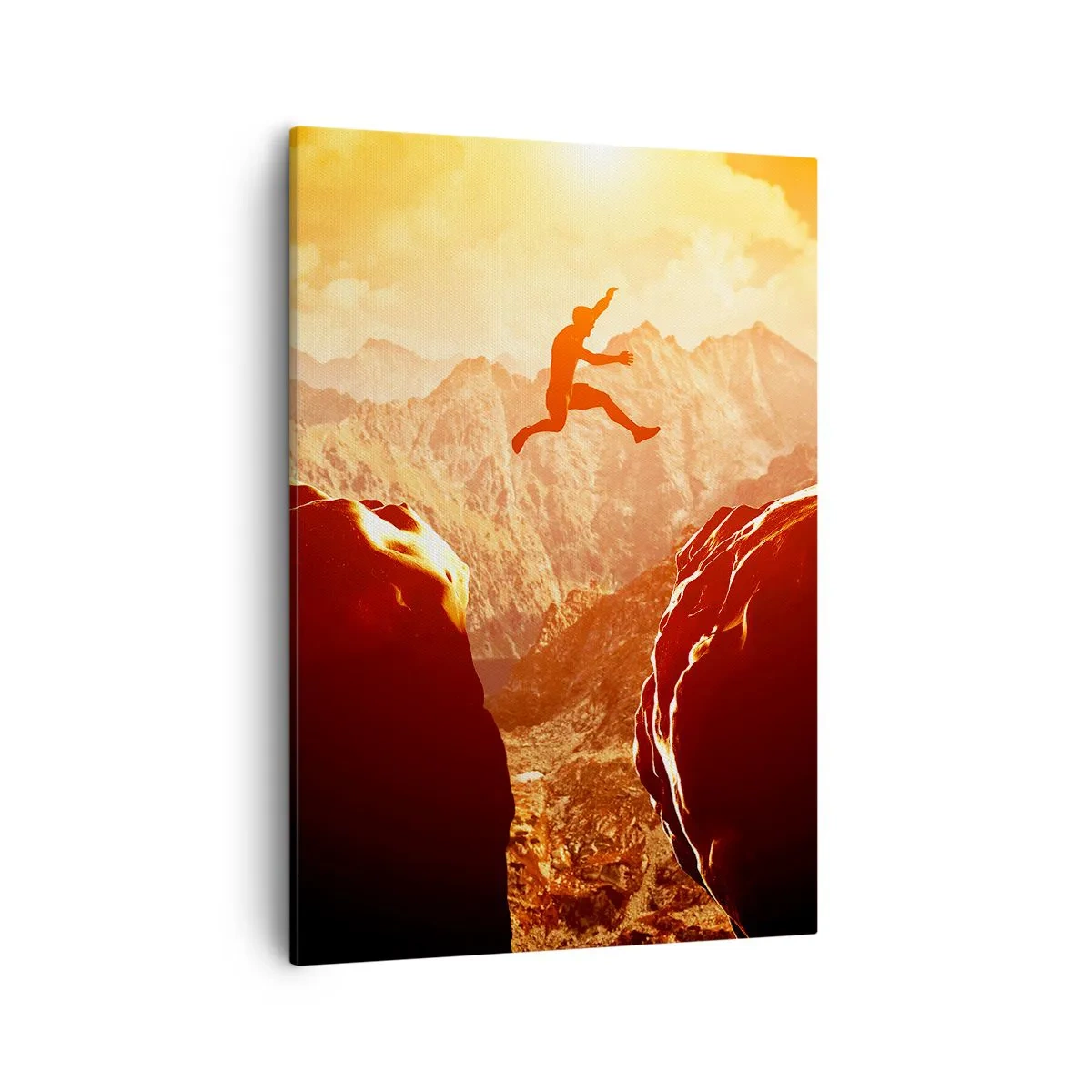 Cuadro sobre lienzo - Impresión de Imagen - Una figura saltando entre rocas con montañas al fondo. - 50x70cm - Pasando el límite - Decoración de pared moderna para salón y dormitorio ARTTOR