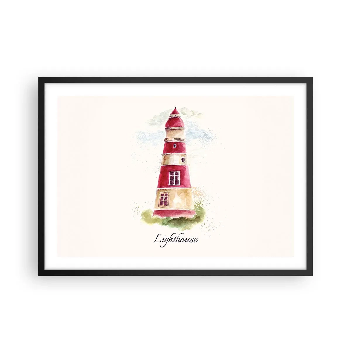 Póster en marco negro - Una pintura de acuarela de un faro sobre un fondo claro con una inscripción. - 70x50cm - Siempre observando - Decoración de pared moderna para salón y dormitorio ARTTOR