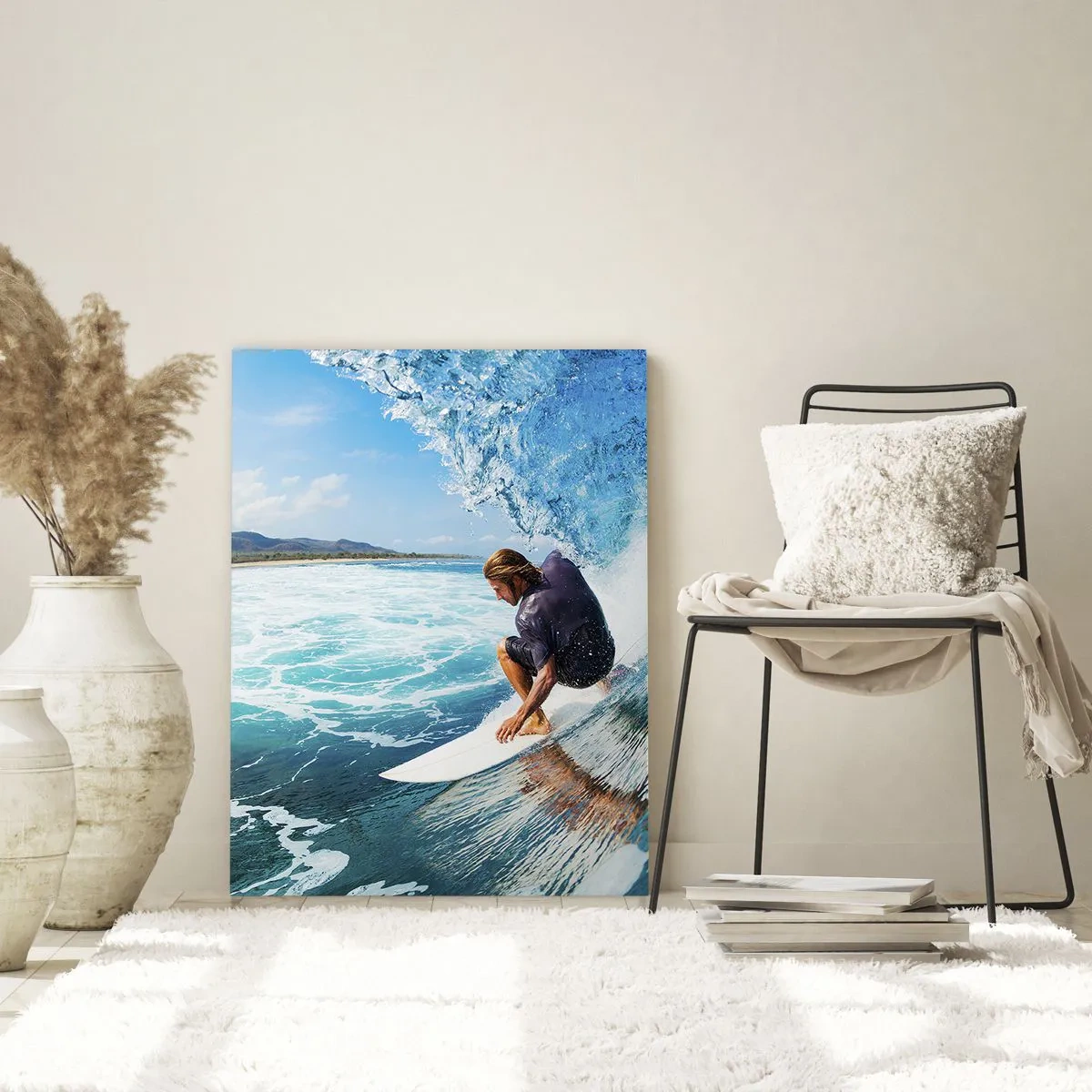 Cuadro sobre vidrio - Impresiones sobre Vidrio - Surfista en un túnel de agua con el océano al fondo - 50x70cm - Bailando con las olas - Decoración de pared moderna para salón y dormitorio ARTTOR