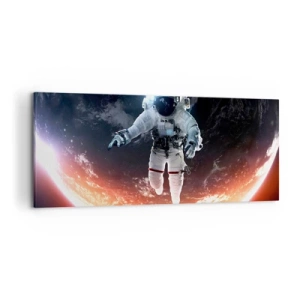 Cuadro sobre lienzo - Impresión de Imagen - Un astronauta flotando sobre una Tierra iluminada por el sol. - 120x50cm - ¿Puedo quedarme un rato más? - Decoración de pared moderna para salón y dormitorio ARTTOR