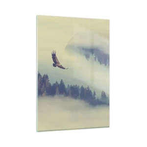 Cuadro sobre vidrio - Impresiones sobre Vidrio - Un águila en vuelo sobre un bosque envuelto en niebla con un reflejo surrealista. - 50x70cm - Vi la sombra de un águila - Decoración de pared moderna para salón y dormitorio ARTTOR