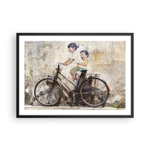 Póster en marco negro - Arte callejero con una bicicleta y dibujos infantiles en la pared. - 70x50cm - ¿Verdadero o falso? - Decoración de pared moderna para salón y dormitorio ARTTOR